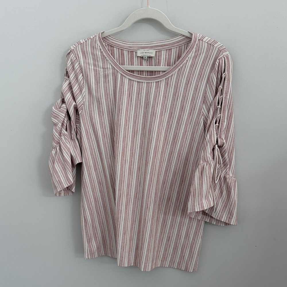 Lucky brand red and Striped Blouse with beautiful Ruched‎ bell Sleeves detail